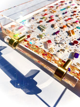 Load image into Gallery viewer, 11X14” Clear Lucite Serving Tray with lucite/satin brass pulls, gold leaf and pill petri details