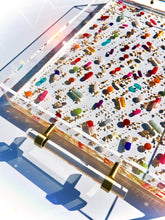 Load image into Gallery viewer, 11X14” Clear Lucite Serving Tray with lucite/satin brass pulls, gold leaf and pill petri details