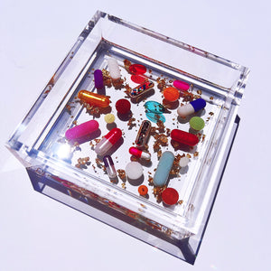 4x4” Clear Lucite Catchall Tray, gold leaf and pill petri details