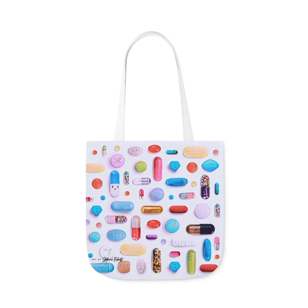 Happy Pill Grid on Polyester Canvas Tote Bag – Art by Stephanie