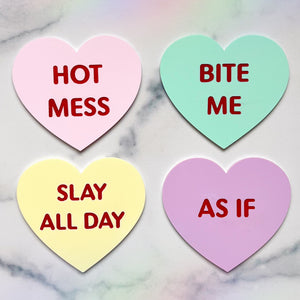"Spicy Sass" set #1 - Acrylic Conversation Heart Coasters