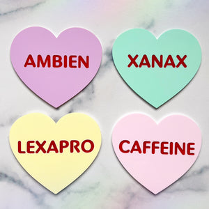 "Girl's Best Friends" medication hearts set - Acrylic Conversation Heart Coasters