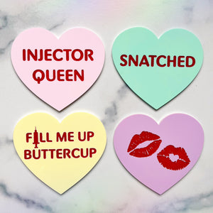 "Injector's Dream" medication hearts set - Acrylic Conversation Heart Coasters